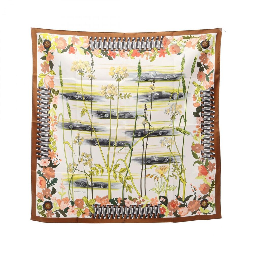 Hermes Carre 90 LES BOLIDES RACE CARS Scarf Muffler Silk Women's White Brown ...